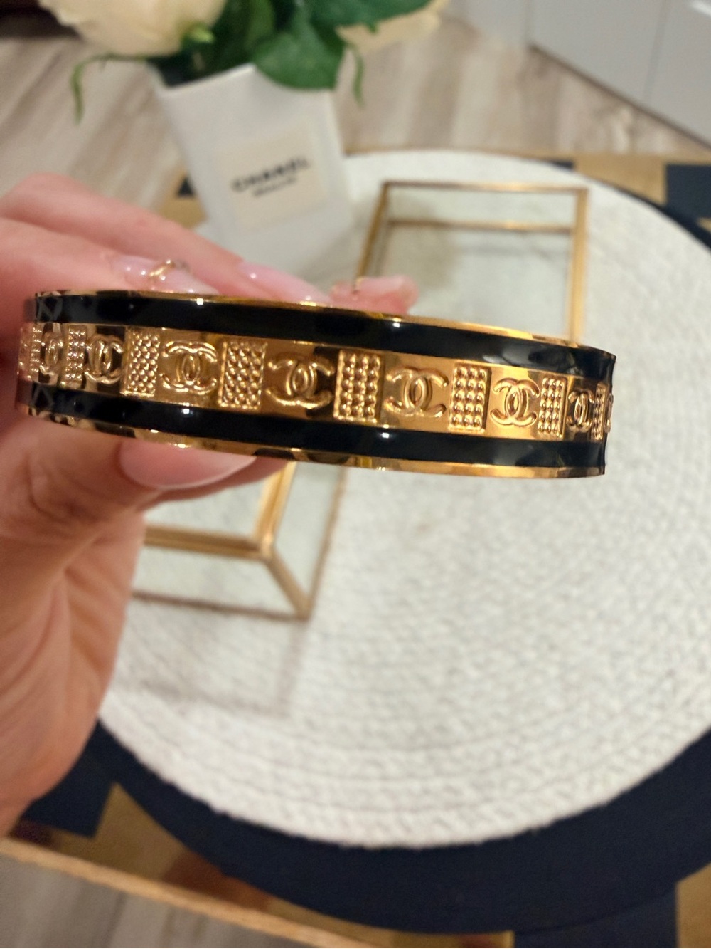 Stainless Steel Black and Gold Logo Motif Enamel Bangle |  Elegant Cuff Style